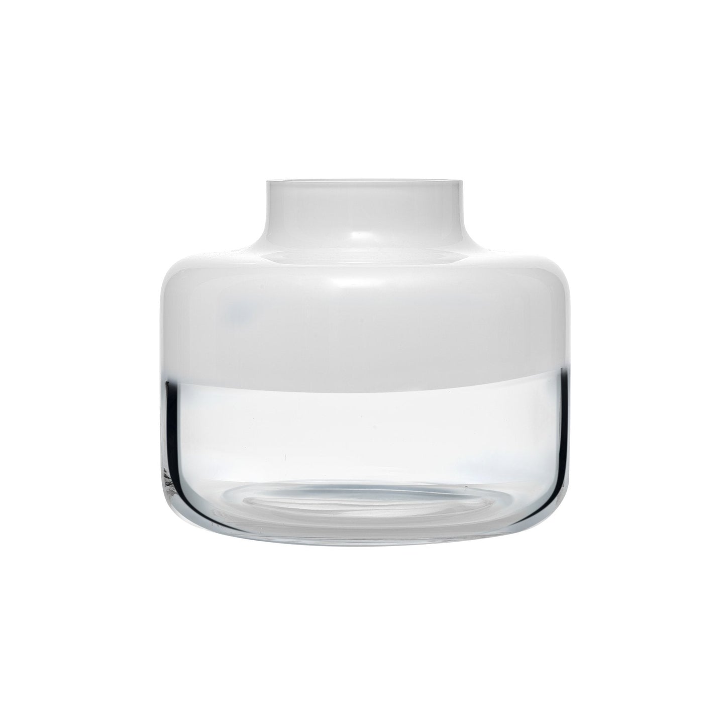 Clear glass vase with white ceramic top on a white background