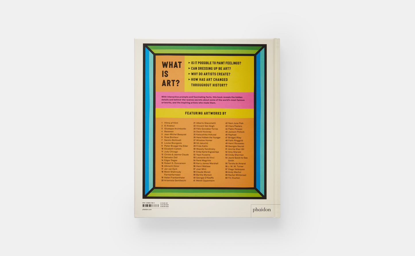 Book cover with colorful text on a white background