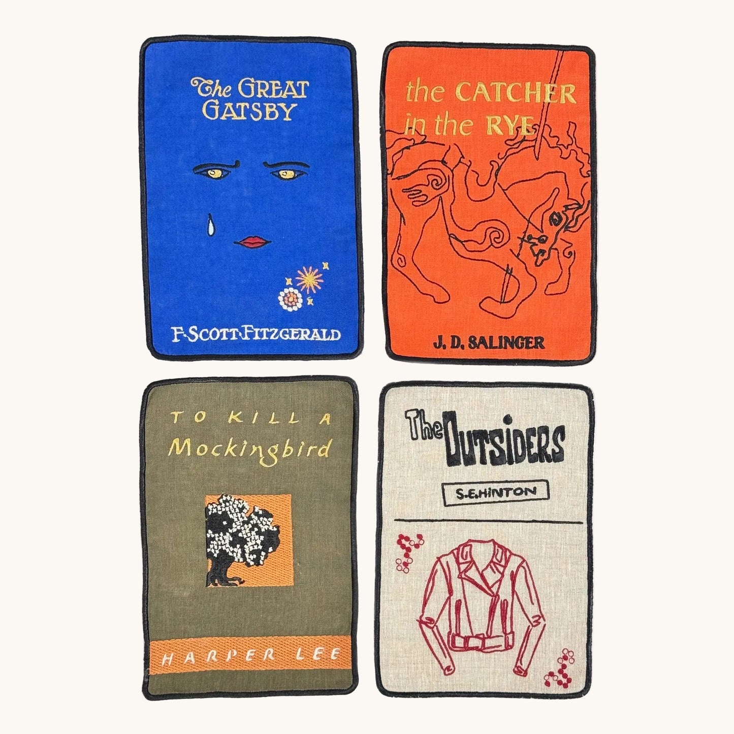 Four book cover patches of 'The Great Gatsby', 'The Catcher in the Rye', 'To Kill a Mockingbird', and 'The Outsiders' on a white background.