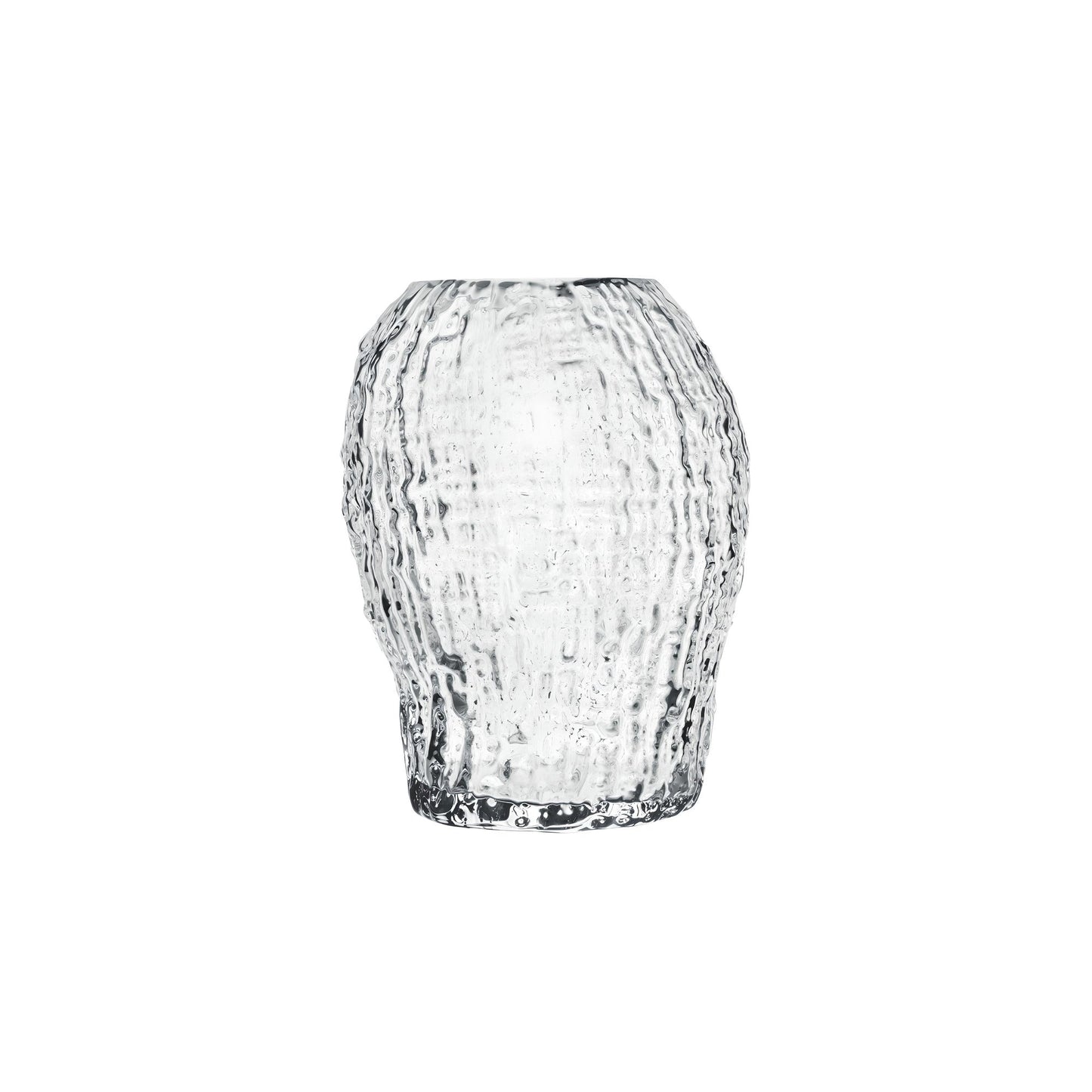 Clear glass vase with textured surface on a white background