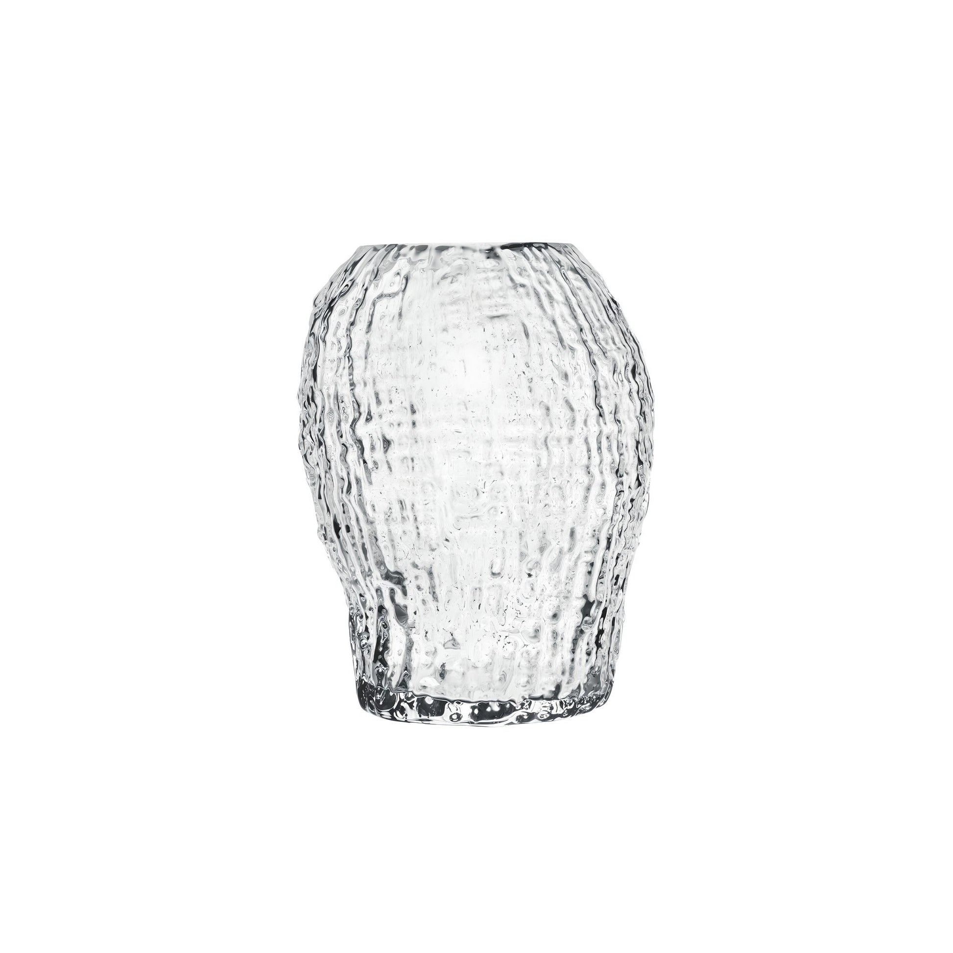 Clear glass vase with textured surface on a white background