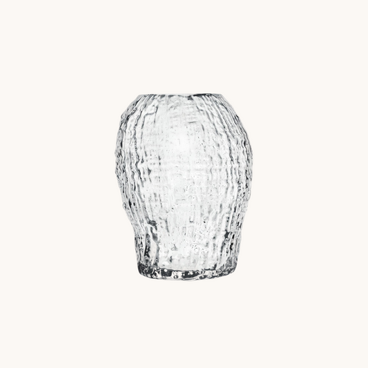 Clear glass vase with textured surface on a white background