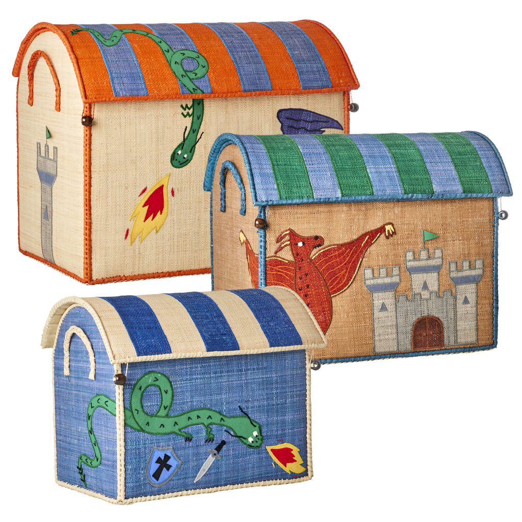 Three colorful toy storage boxes with dragon and castle designs on a white background