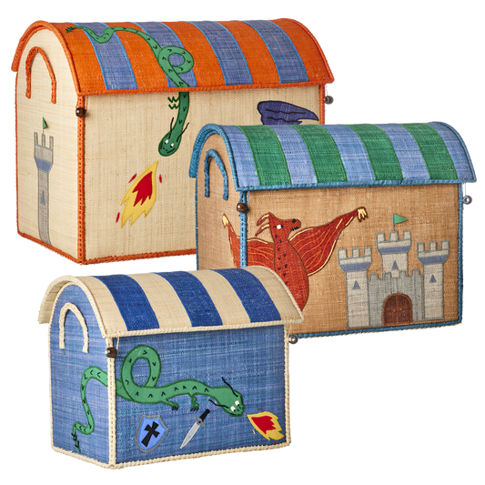 Three colorful toy storage boxes with dragon and castle designs on a white background