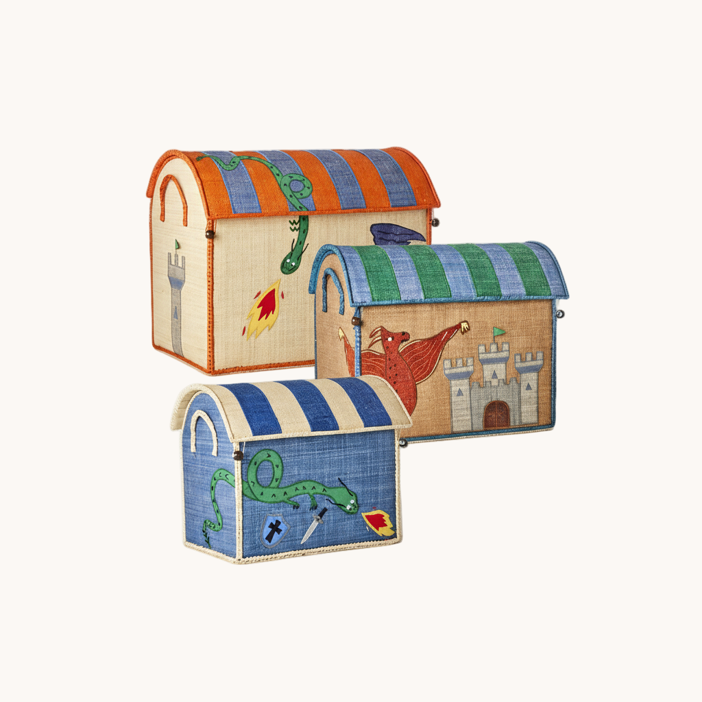 Set of three colorful toy boxes with cartoon designs on a white background