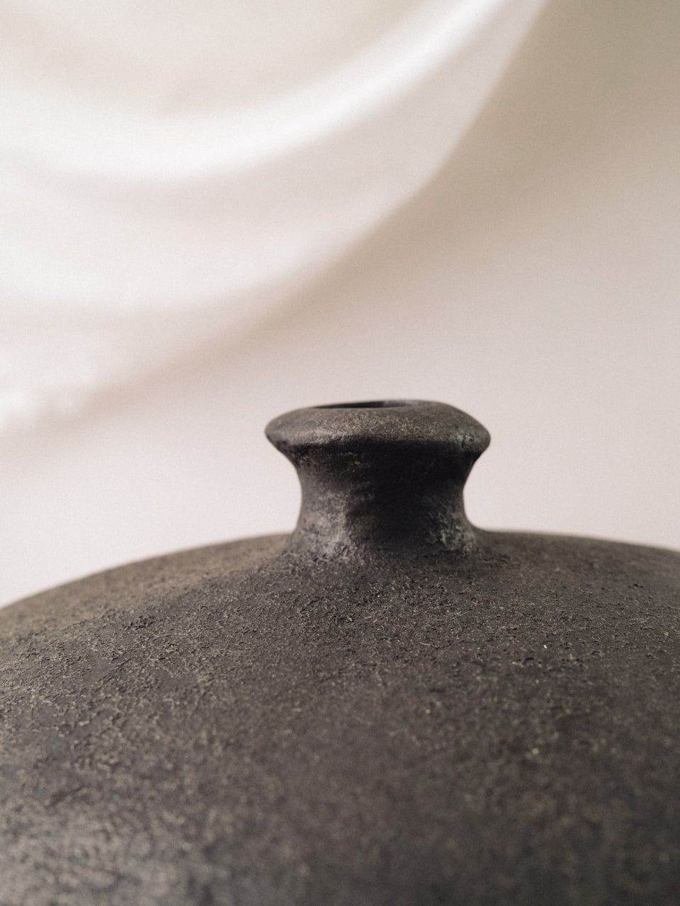 Close-up of a textured black ceramic lid on a white background
