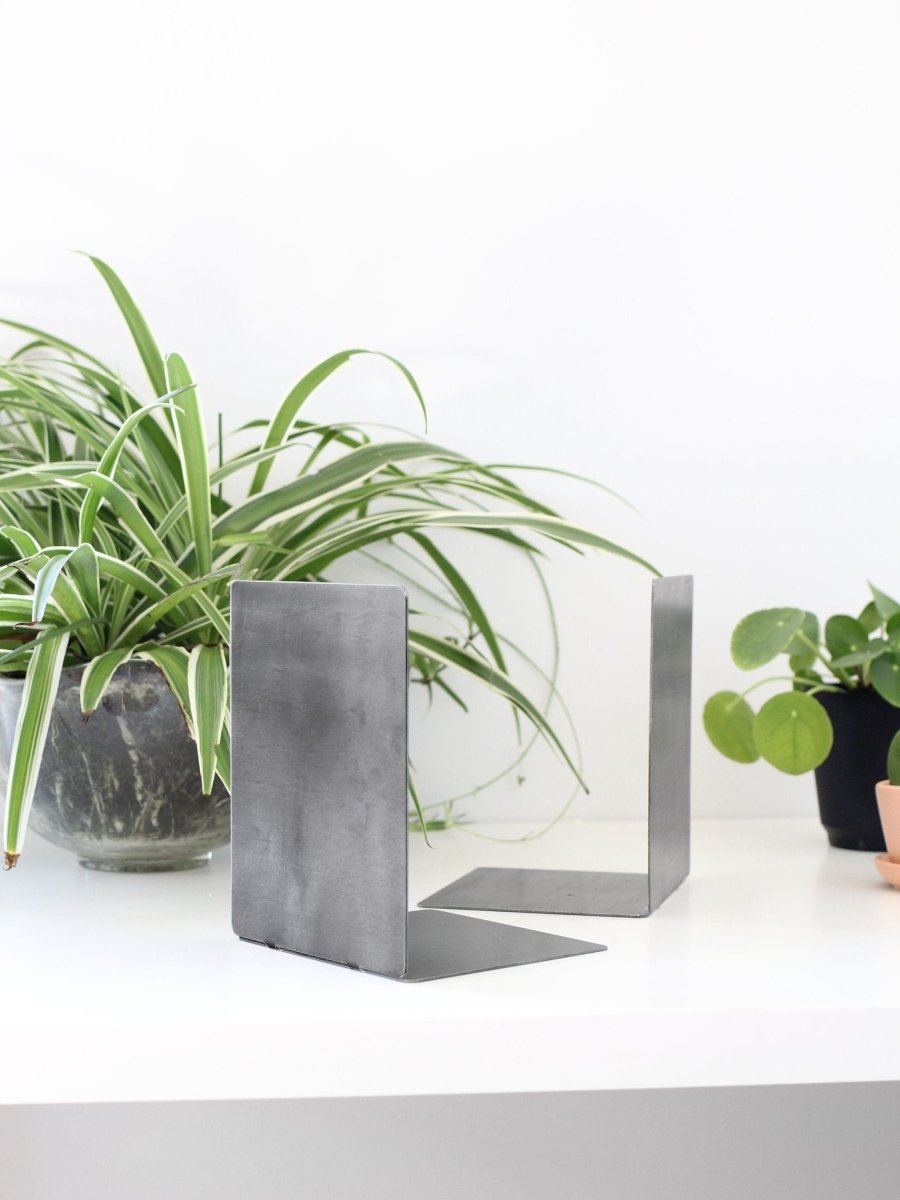 Concrete bookends on a white surface with plants in the background