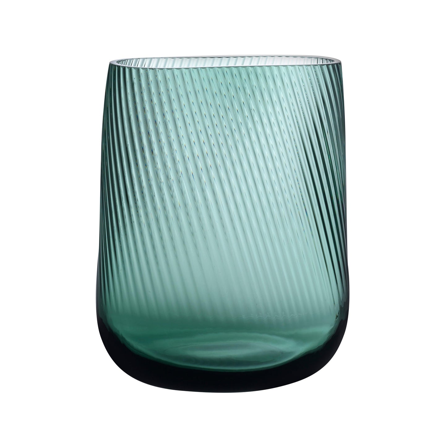 Green glass tumbler with ribbed texture on a white background