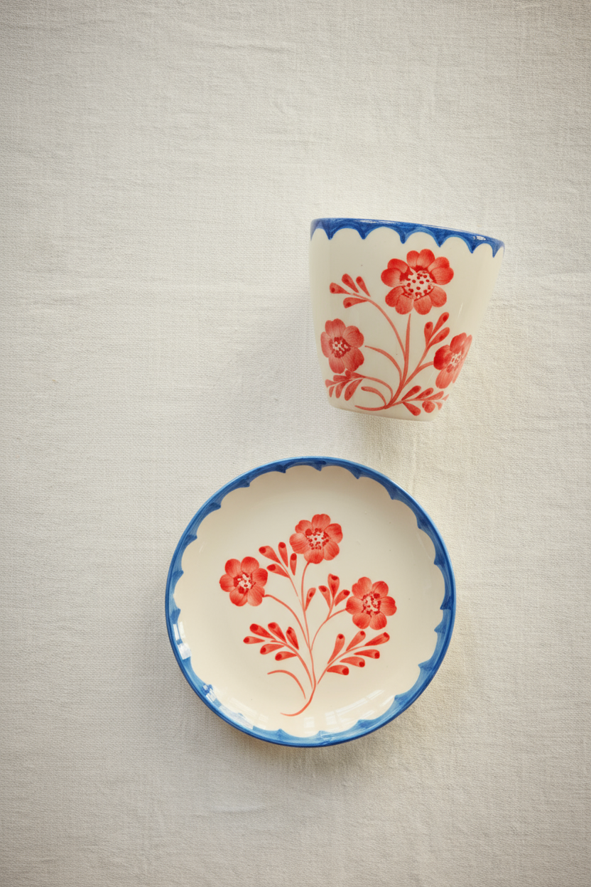 Ceramic cup and bowl with red floral design on a white background