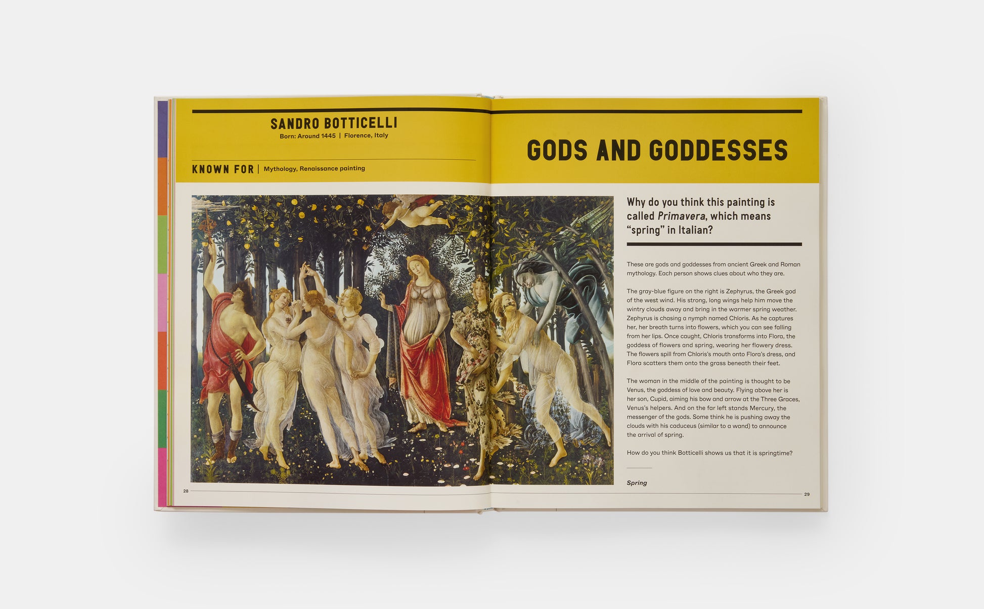 Open book showing a painting by Sandro Botticelli titled 'Primavera' with text about gods and goddesses.