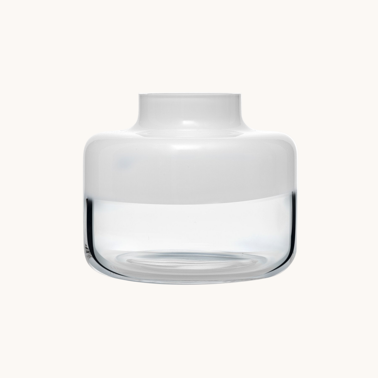 Clear glass vase with white ceramic base on a white background
