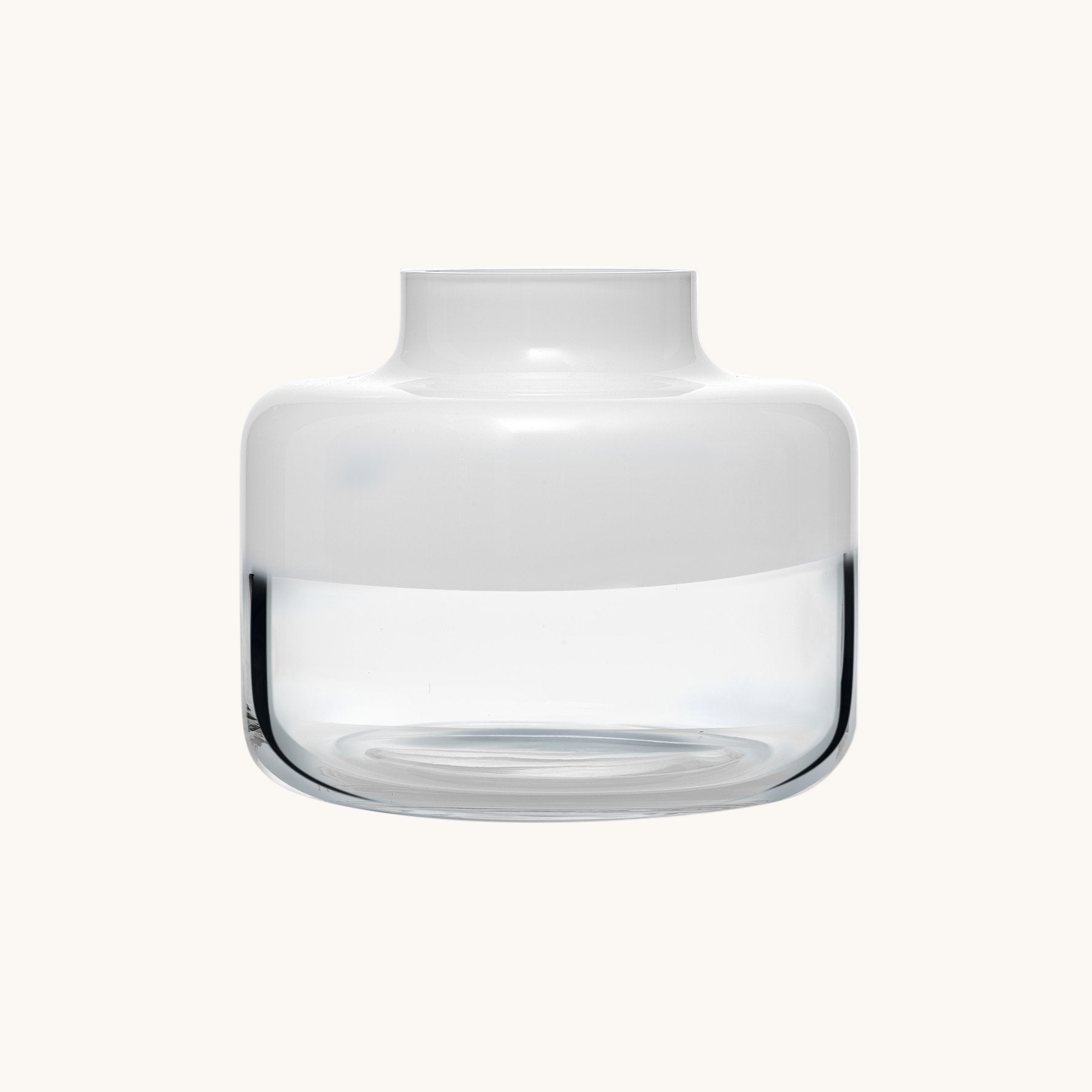 Clear glass vase with white ceramic base on a white background