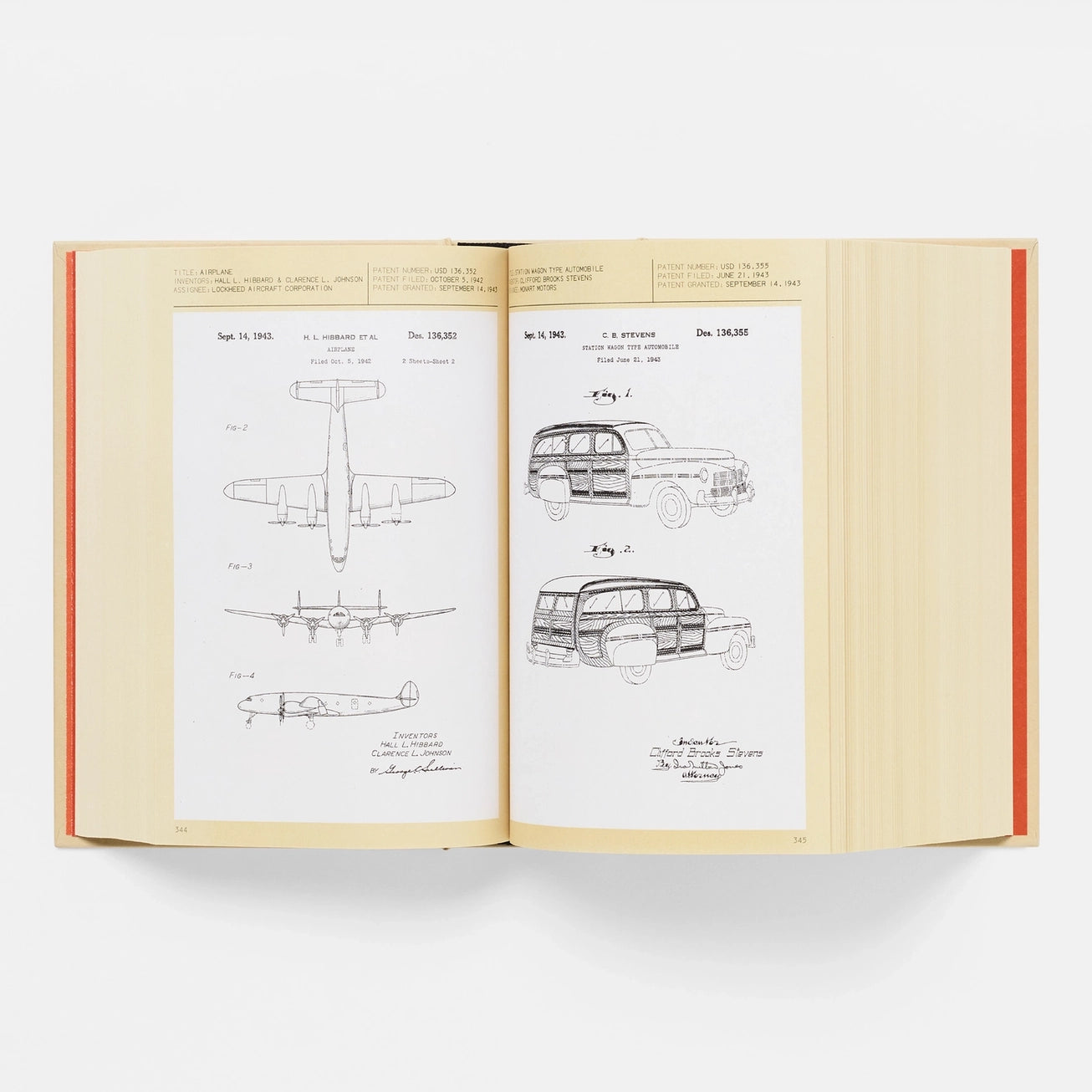 Open book showing patent drawings of an airplane and a vehicle on white background