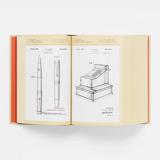 Open book displaying patent illustrations of a pen and cash register on a white background