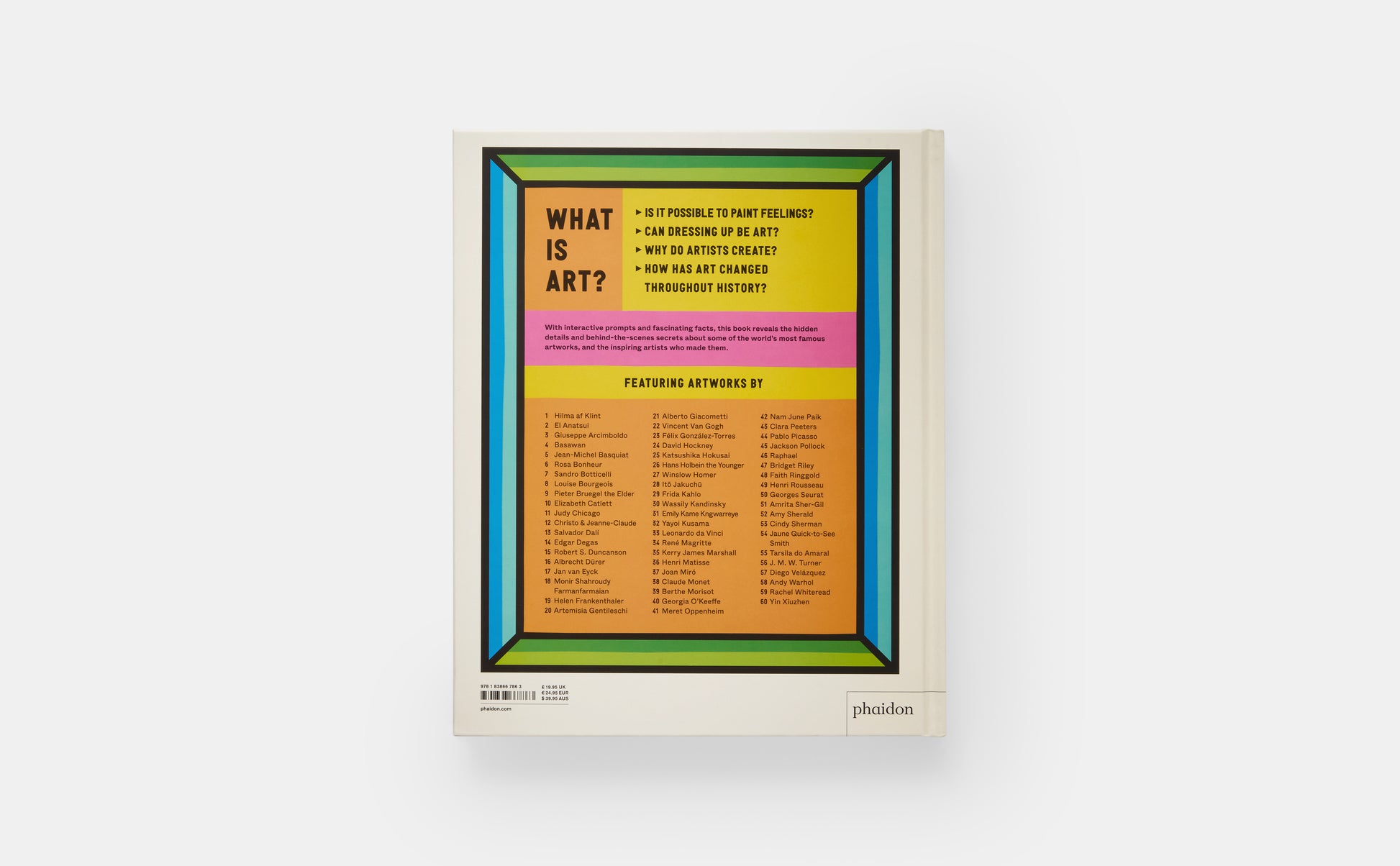 Book cover with colorful text on a white background