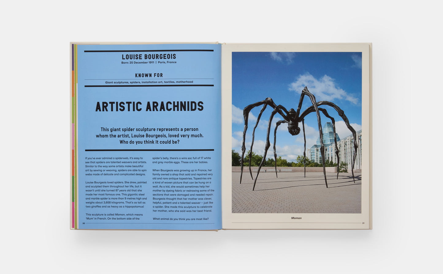 Open book showing a spider sculpture with text on Louise Bourgeois' art.