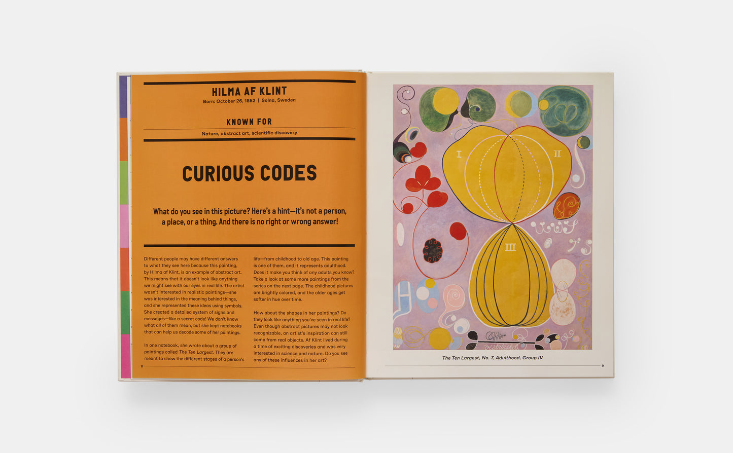 Open book with text on the left and colorful abstract design on the right, on a white background.