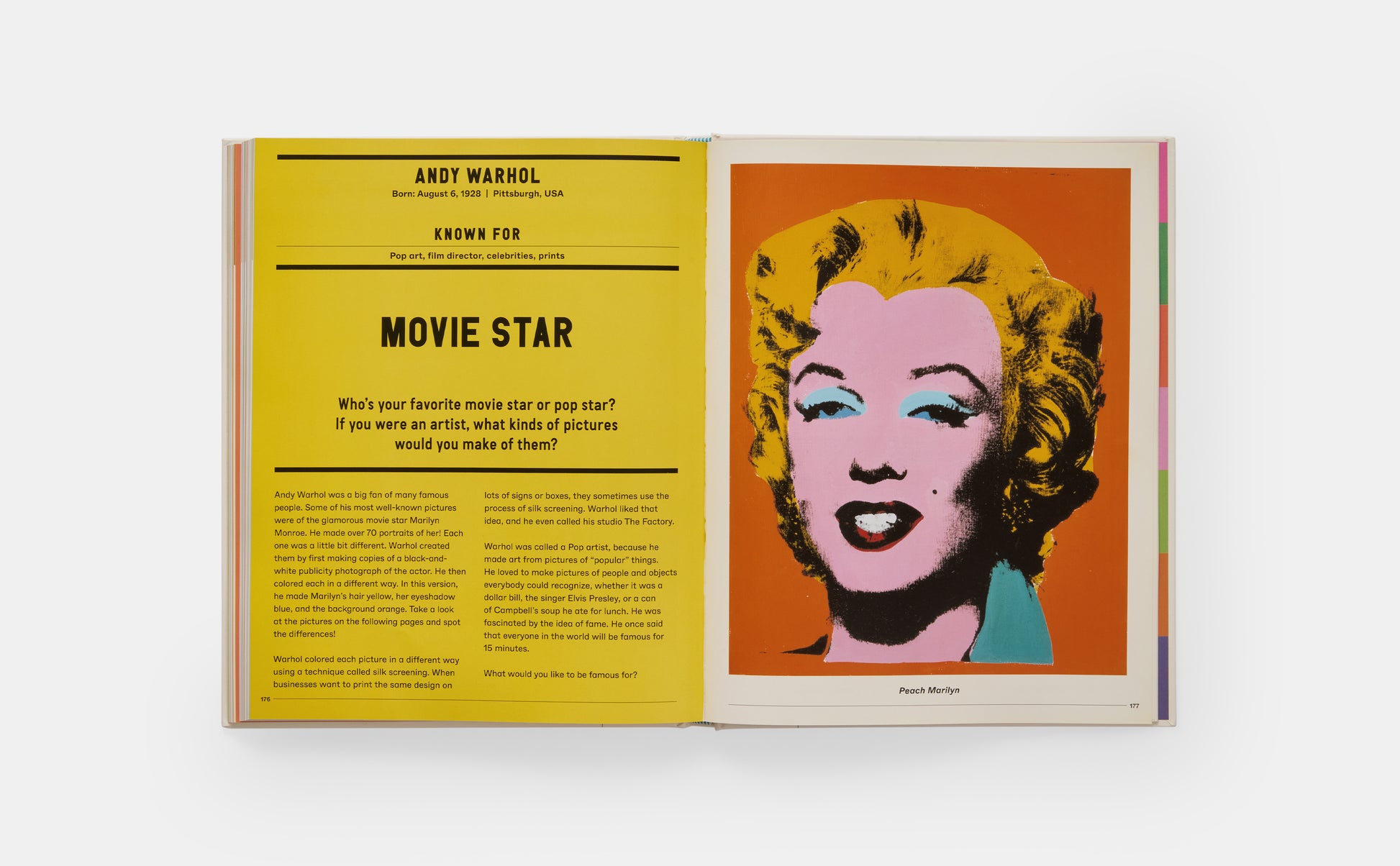 Book open to a page with Andy Warhol's 'Movie Star' artwork on a white background